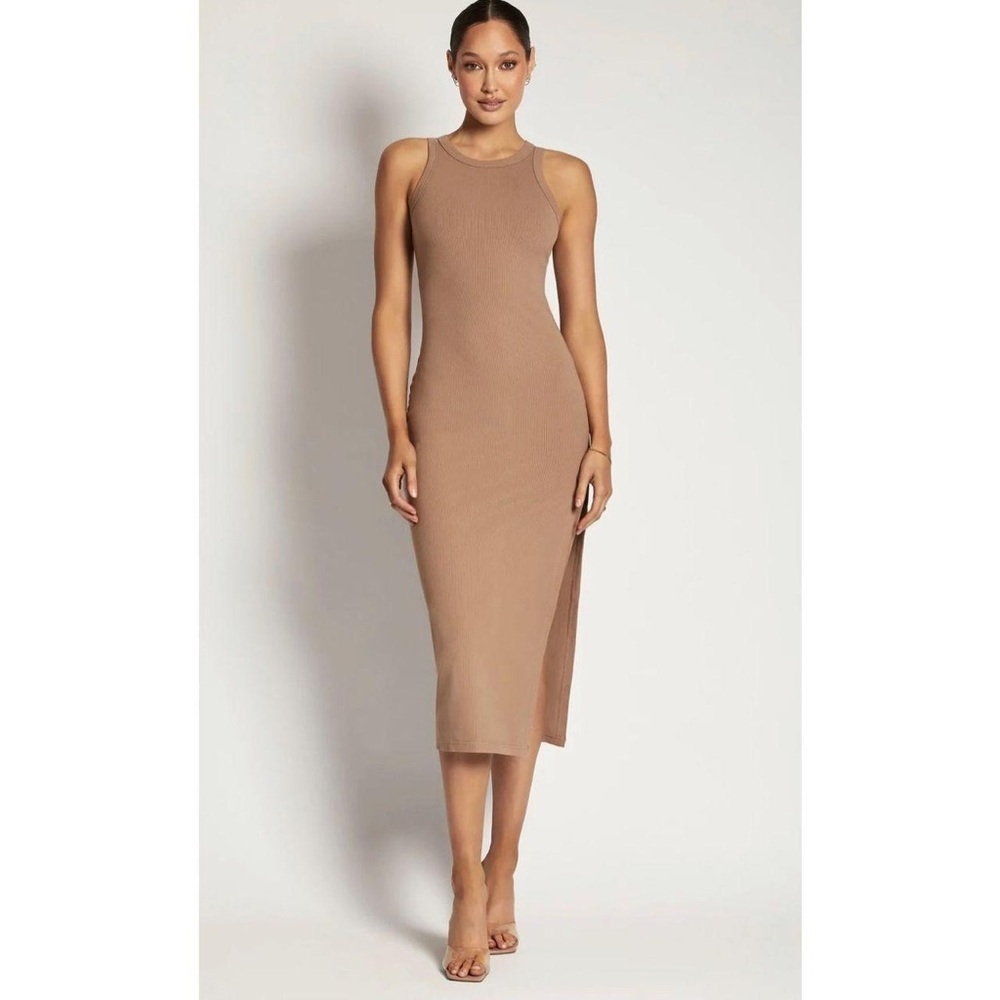 Meshki Viola Ribbed Maxi Split Racer Neck Dress - Latte S